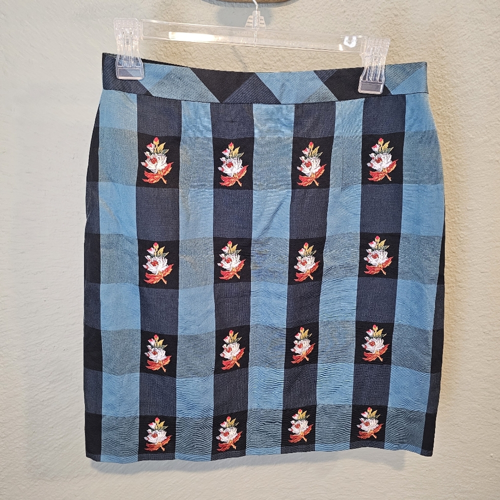 Anthropologie HD In Paris Embroidered Flower Skirt Size 6 Teal Black Cotton Silk